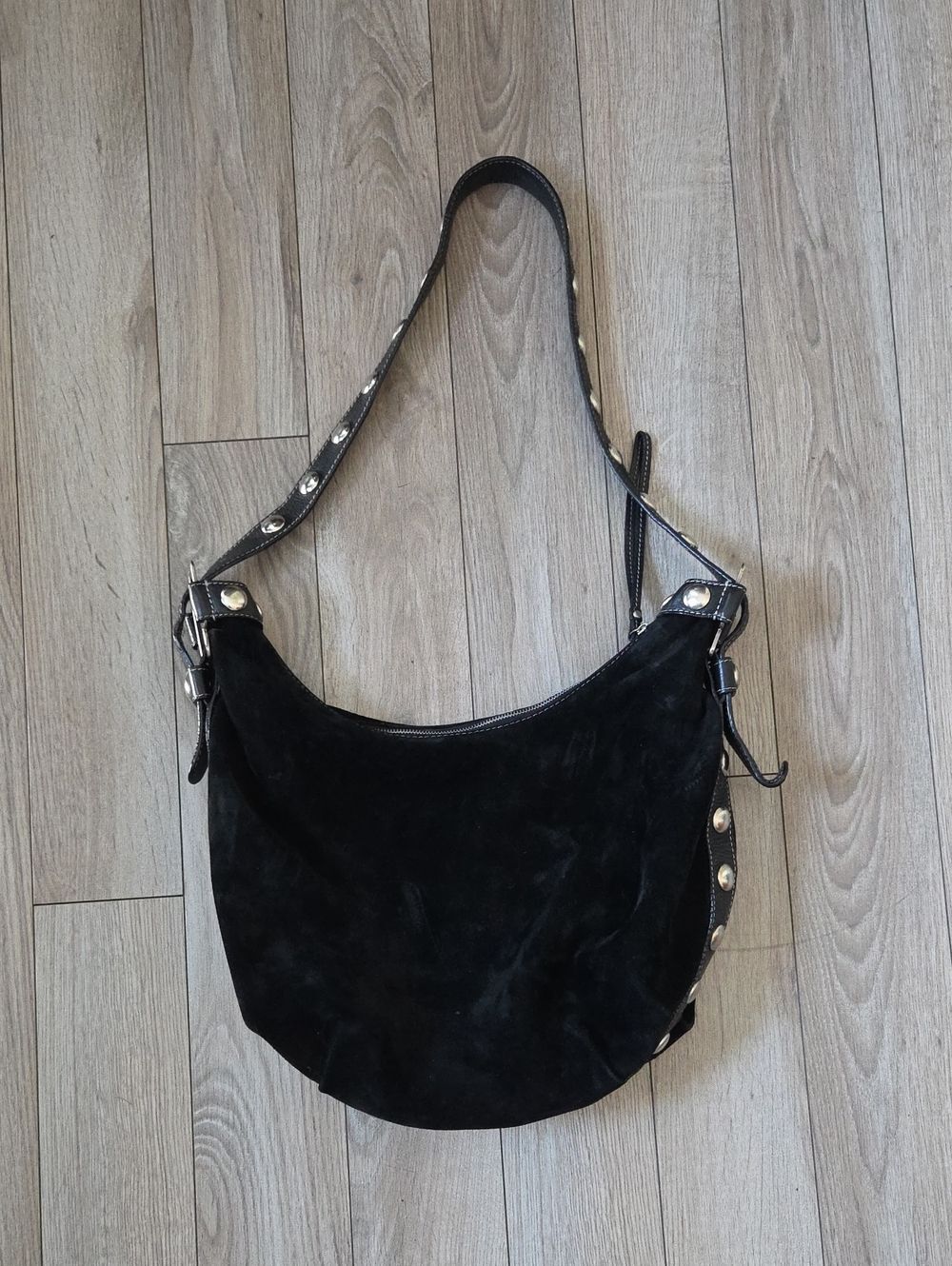 CBGB Black Suede Hobo Bag with Studded Shoulder Strap Purse